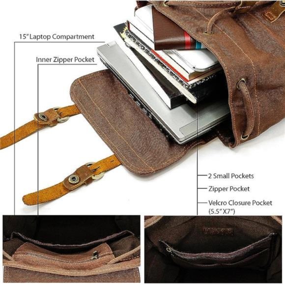 21L Canvas Backpack Leather Rucksack Knapsack 15inch Laptop Tote Satchel College - Picture 5 of 6